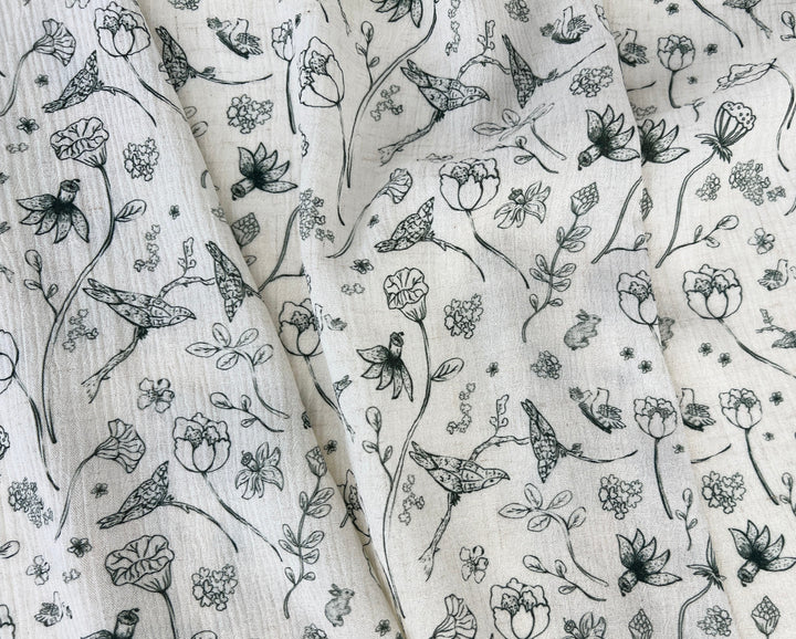 Birds of a Feather, Linen Rayon Print Fabric, Design by Madeline, Madswick Studio, 8222 8223 8224 8225