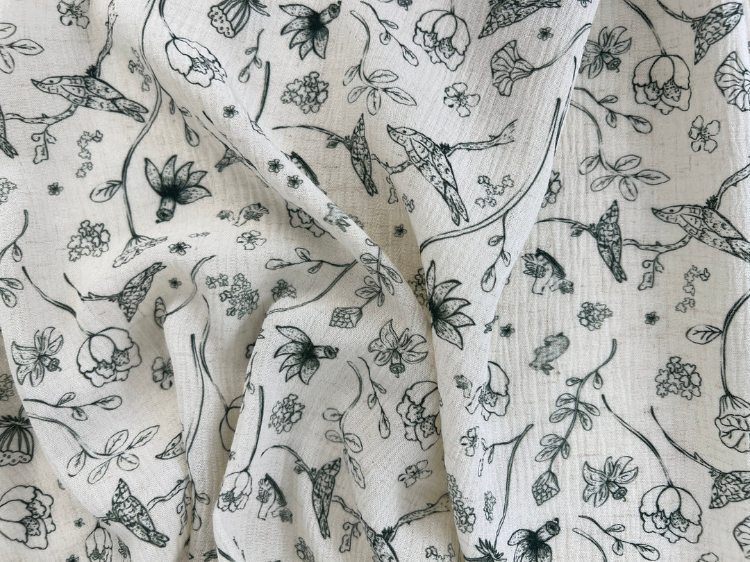 Birds of a Feather, Linen Rayon Print Fabric, Design by Madeline, Madswick Studio, 8222 8223 8224 8225