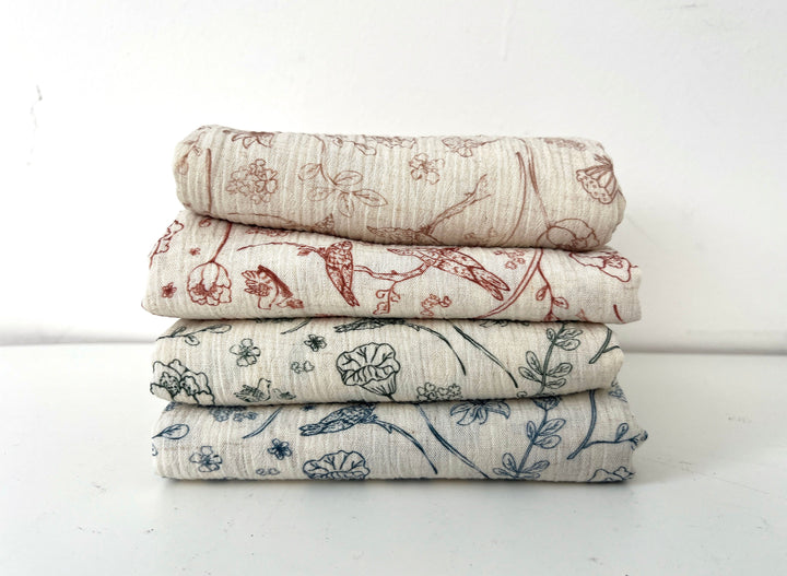 Birds of a Feather, Linen Rayon Print Fabric, Design by Madeline, Madswick Studio, 8222 8223 8224 8225