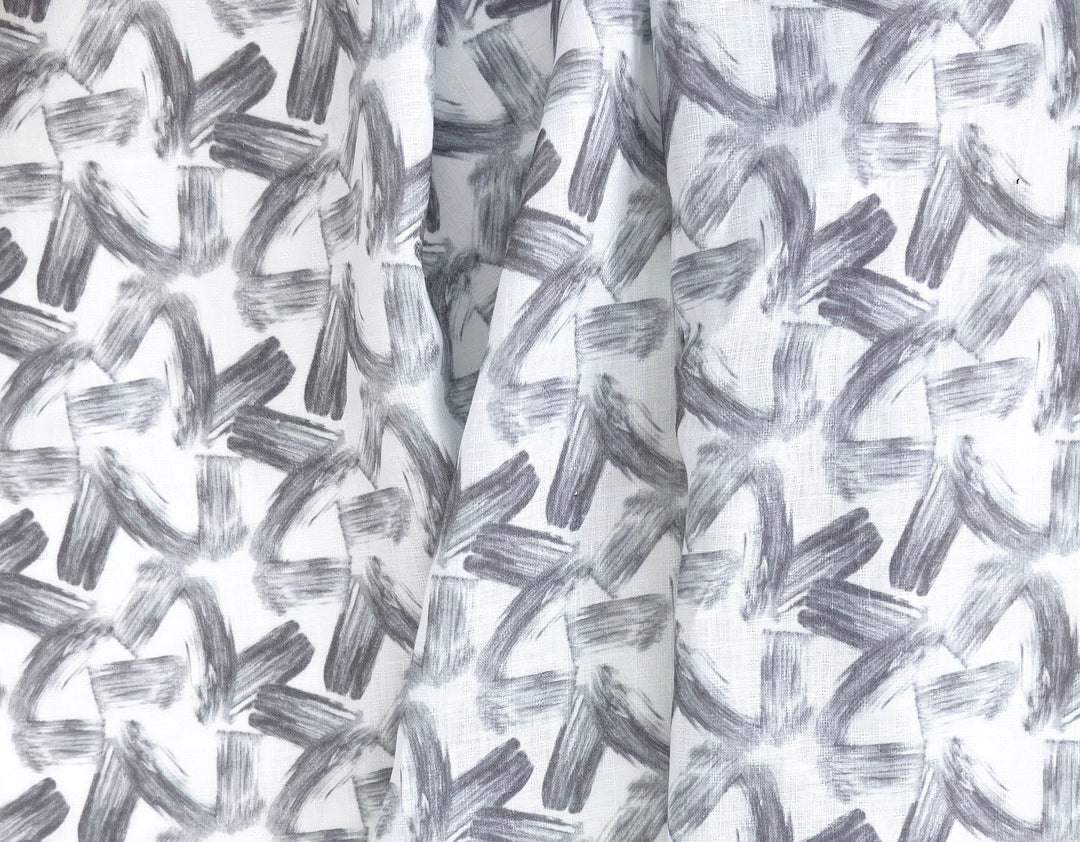 Brushstroke Print 100% Linen Fabric – Grey on White, Dobby Texture, Light Weight 7641