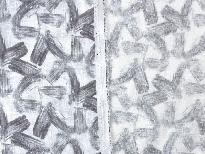 Brushstroke Print 100% Linen Fabric – Grey on White, Dobby Texture, Light Weight 7641