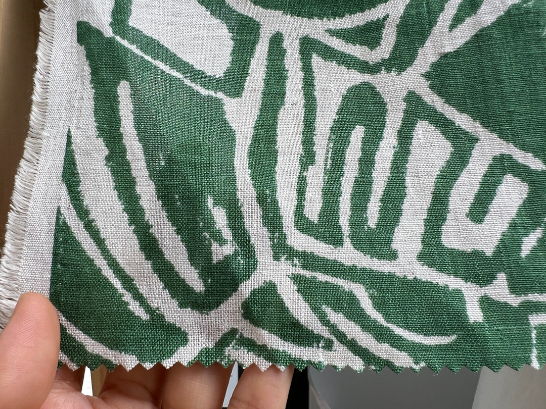 100% Linen Fabric – Green Abstract Print, Light to Medium Weight, Pre-Washed 4036