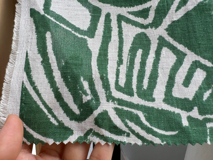 100% Linen Fabric – Green Abstract Print, Light to Medium Weight, Pre-Washed 4036