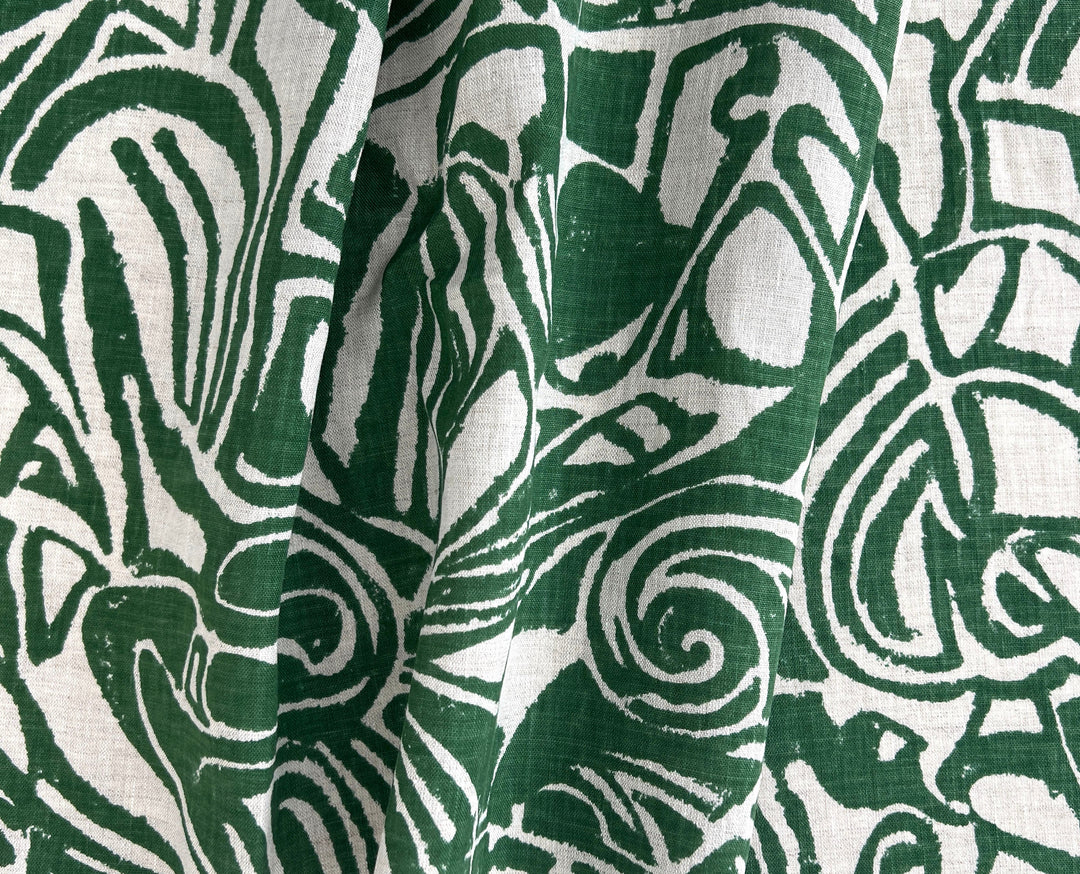 100% Linen Fabric – Green Abstract Print, Light to Medium Weight, Pre-Washed 4036