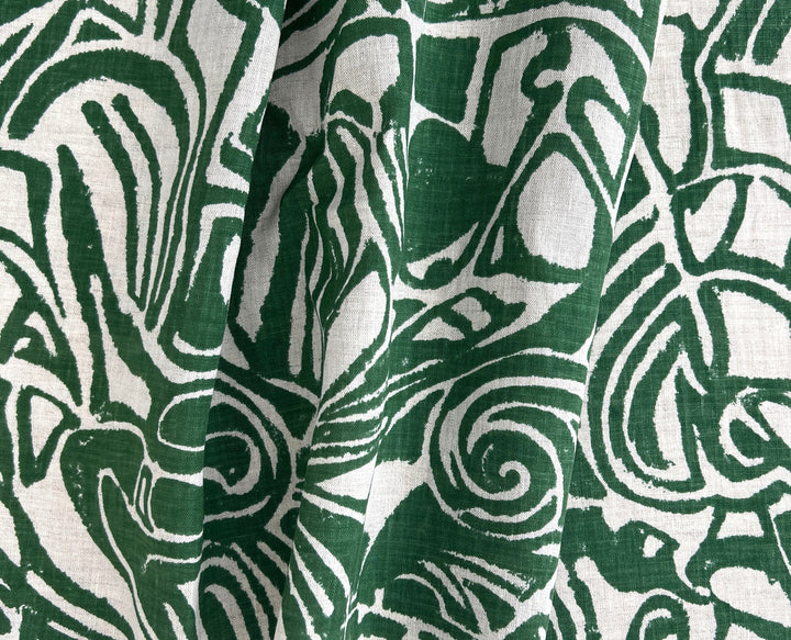 100% Linen Fabric – Green Abstract Print, Light to Medium Weight, Pre-Washed 4036