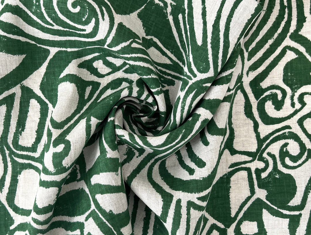 100% Linen Fabric – Green Abstract Print, Light to Medium Weight, Pre-Washed 4036
