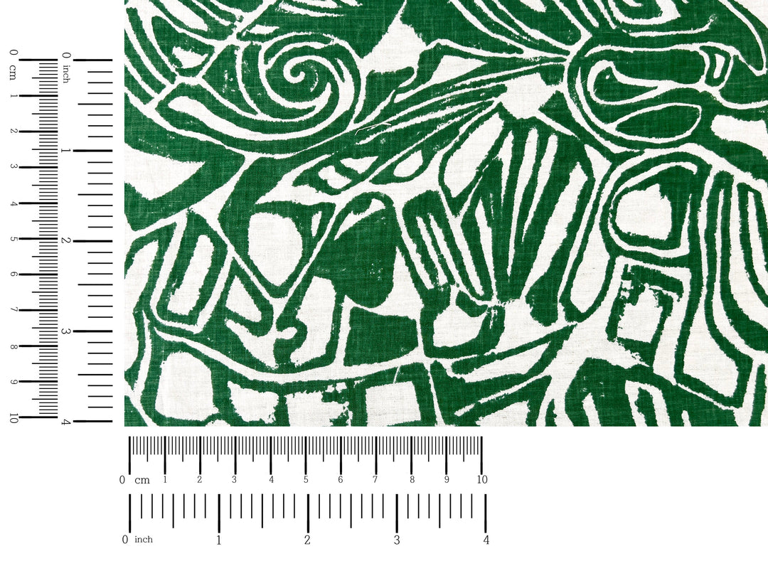 100% Linen Fabric – Green Abstract Print, Light to Medium Weight, Pre-Washed 4036