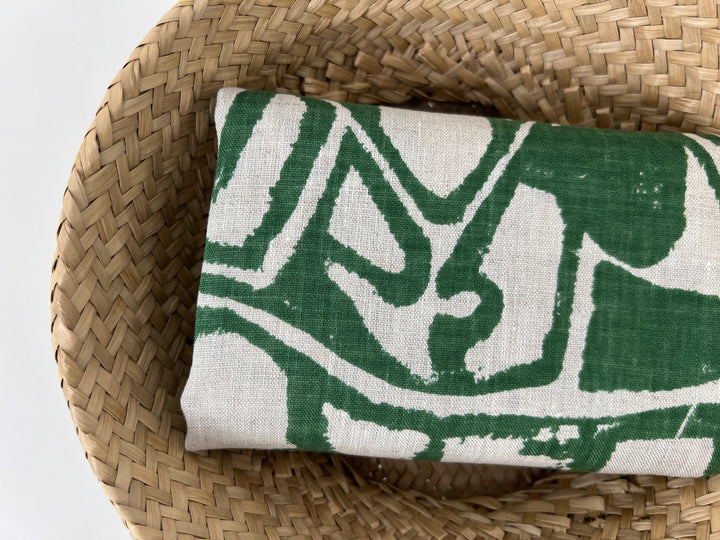 100% Linen Fabric – Green Abstract Print, Light to Medium Weight, Pre-Washed 4036