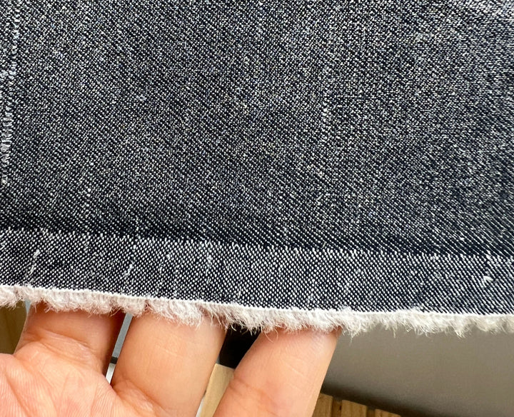 Ramie Cotton Fabric – Navy Denim Style with Silver Foil Print, Medium Weight 2052