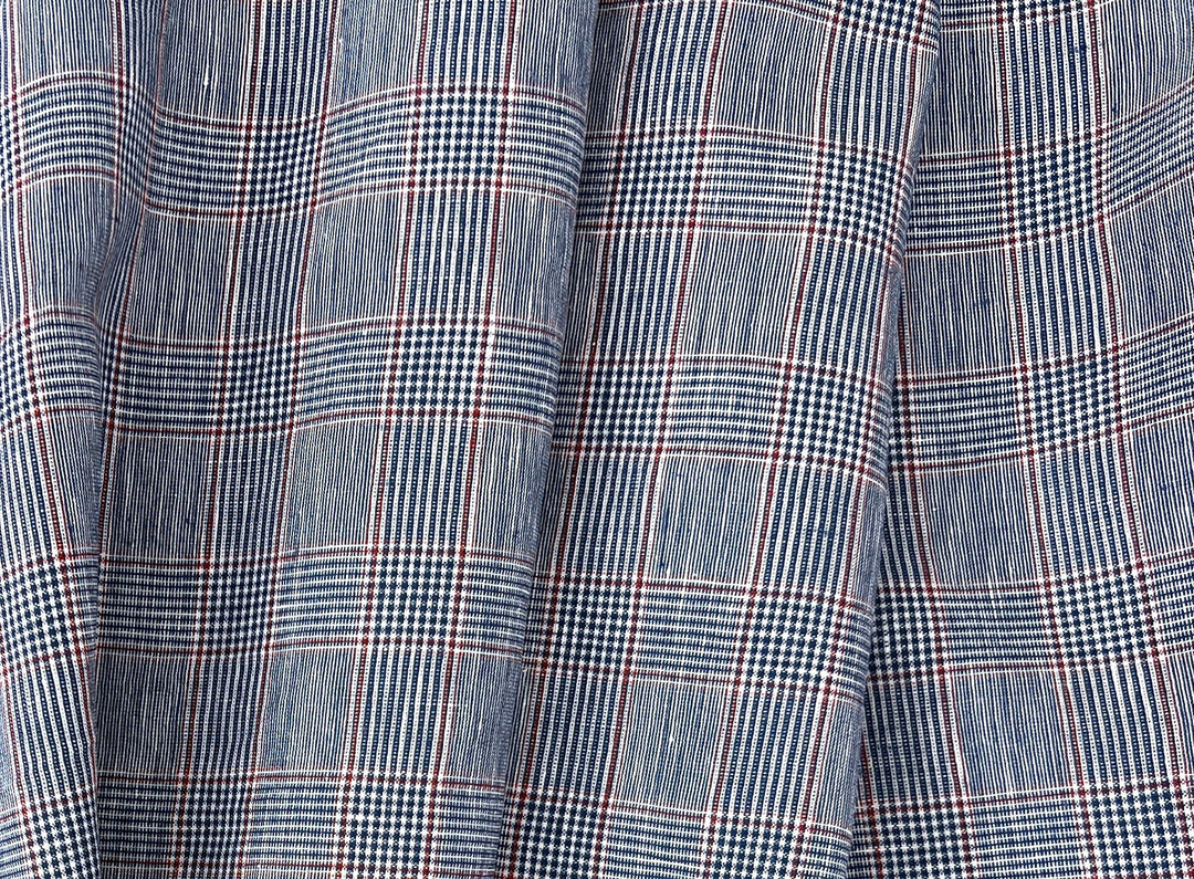 Linen Rayon Glen Plaid Fabric – Navy & White with Red Overcheck | Light-Medium Weight, Pre-Washed 3929