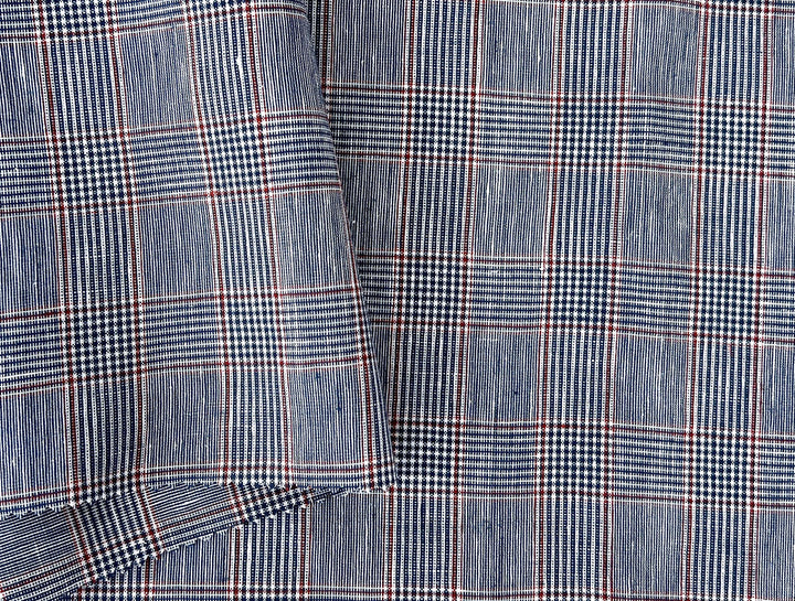 Linen Rayon Glen Plaid Fabric – Navy & White with Red Overcheck | Light-Medium Weight, Pre-Washed 3929
