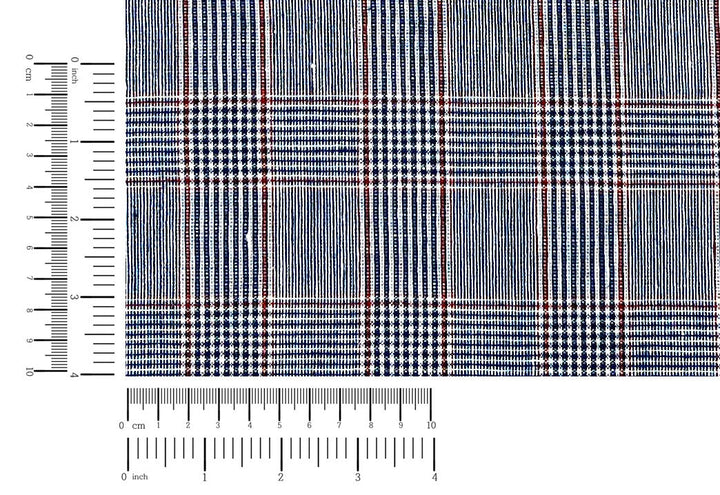 Linen Rayon Glen Plaid Fabric – Navy & White with Red Overcheck | Light-Medium Weight, Pre-Washed 3929