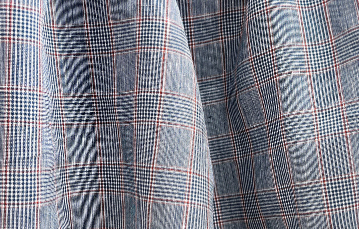 Linen Rayon Glen Plaid Fabric – Navy & White with Red Overcheck | Light-Medium Weight, Pre-Washed 3929