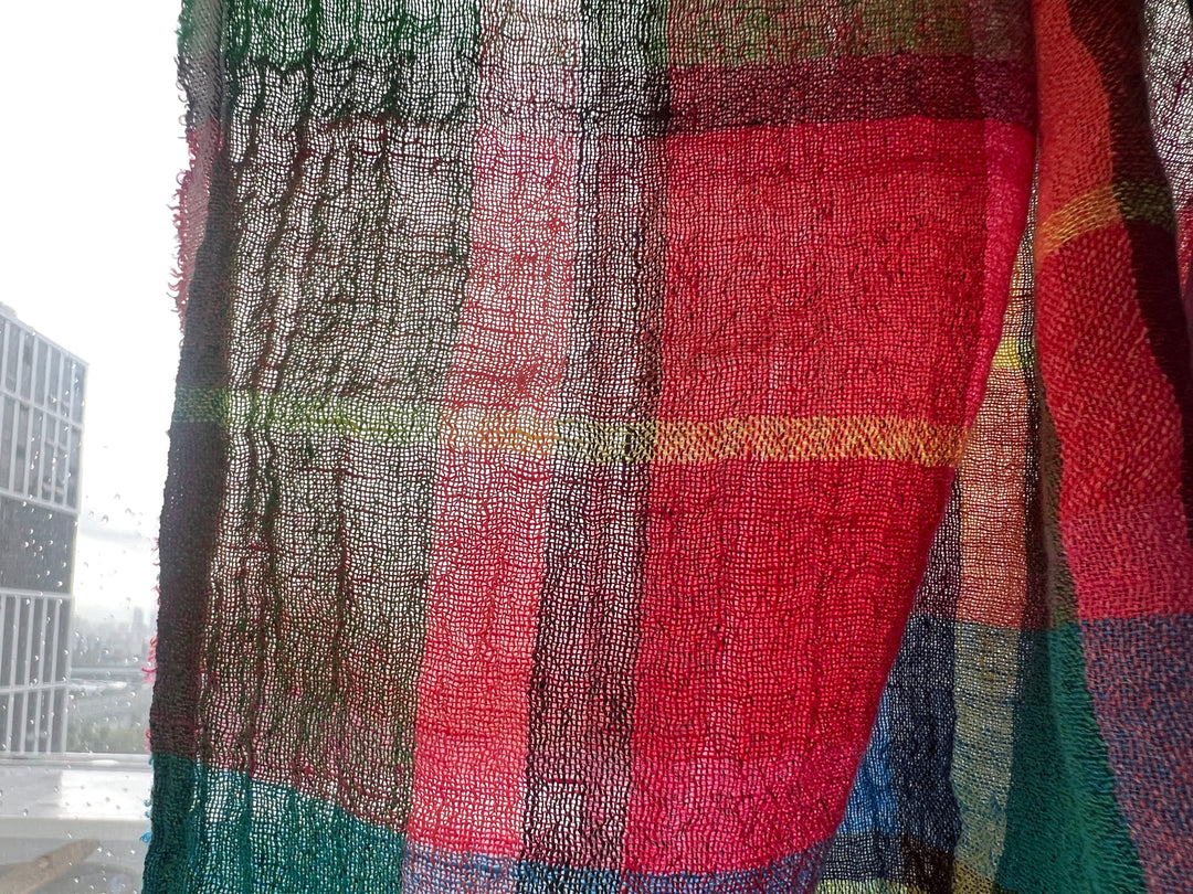 Vivid Multicolor Madras Plaid Linen Blend Fabric – Light Weight with Natural Wrinkle Effect  7587