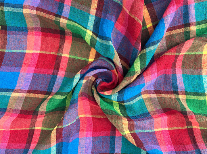 Vivid Multicolor Madras Plaid Linen Blend Fabric – Light Weight with Natural Wrinkle Effect  7587