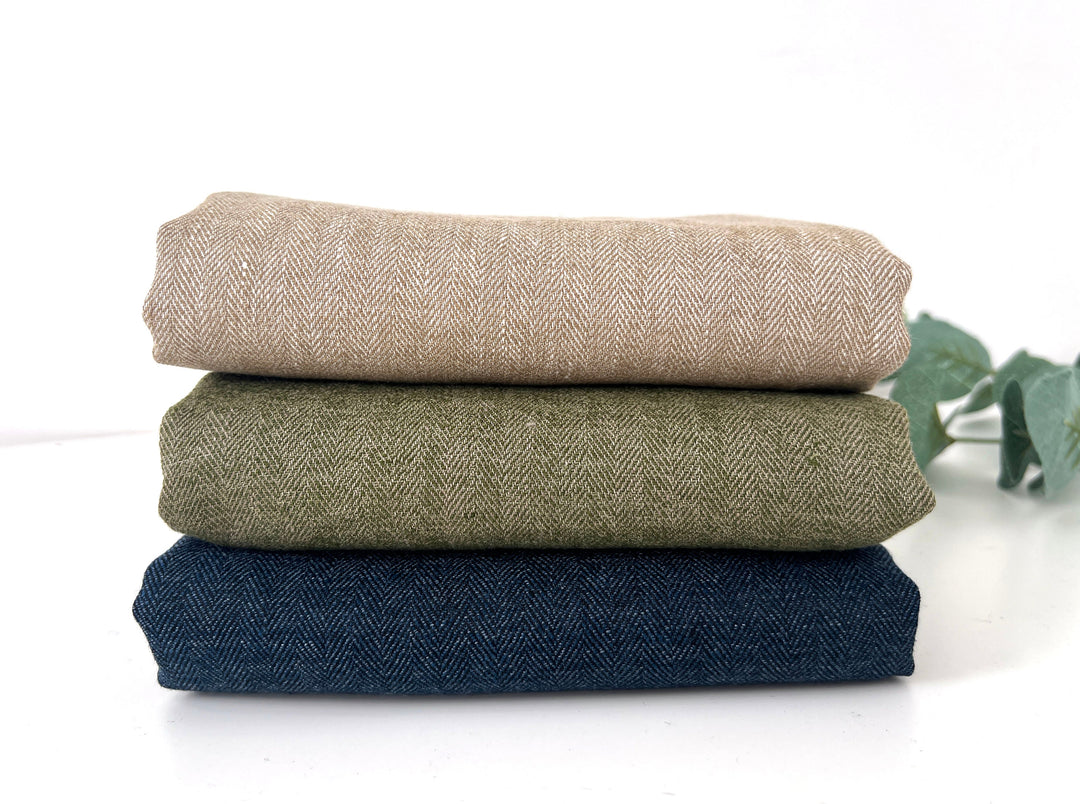 Linen Blend Herringbone Chambray Fabric with Stretch – Medium Weight 8013 8014 8200