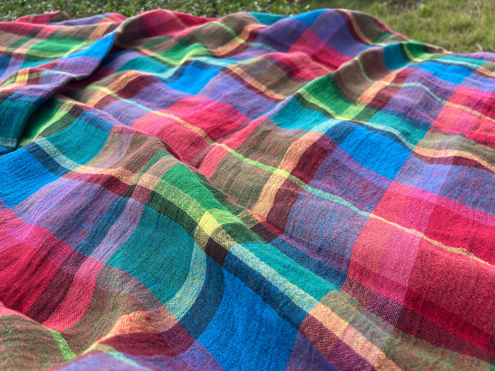 Vivid Multicolor Madras Plaid Linen Blend Fabric – Light Weight with Natural Wrinkle Effect  7587