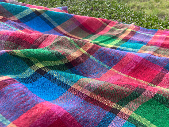 Vivid Multicolor Madras Plaid Linen Blend Fabric – Light Weight with Natural Wrinkle Effect  7587