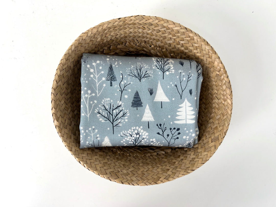 Scandinavian Winter Forest Print Rayon Wool Fabric – Light Twill Weave, Soft Pre-Washed
