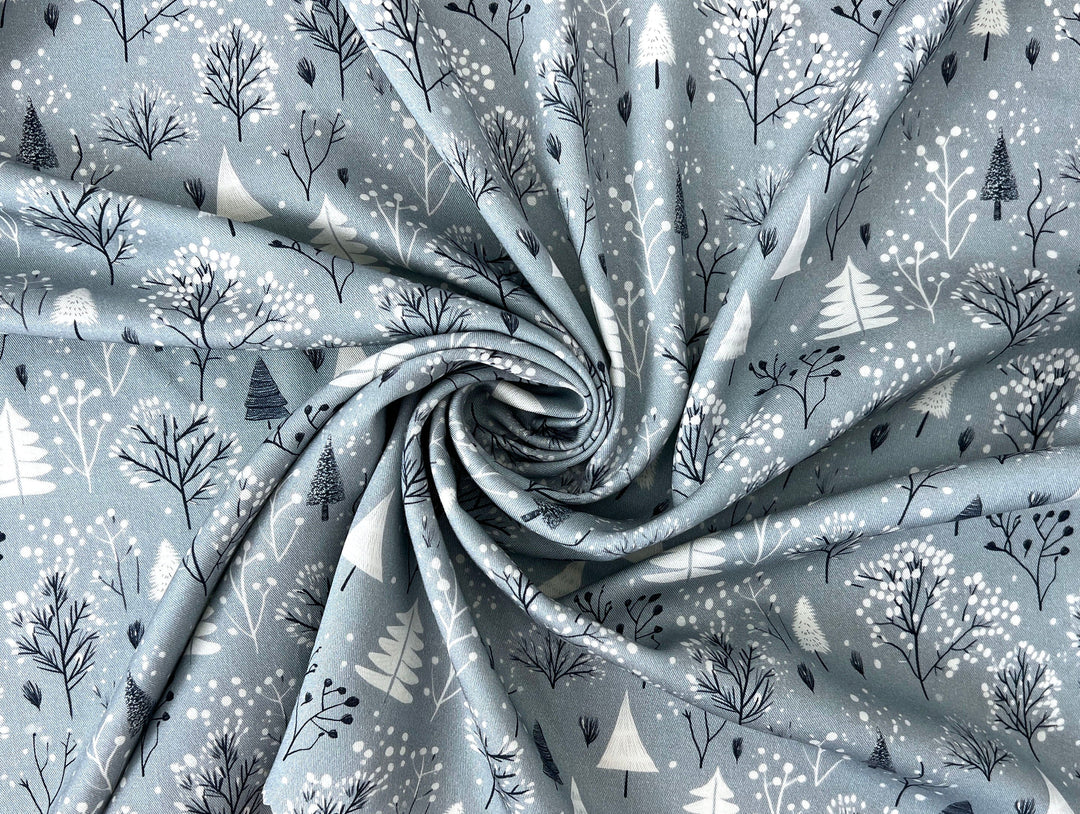 Scandinavian Winter Forest Print Rayon Wool Fabric – Light Twill Weave, Soft Pre-Washed