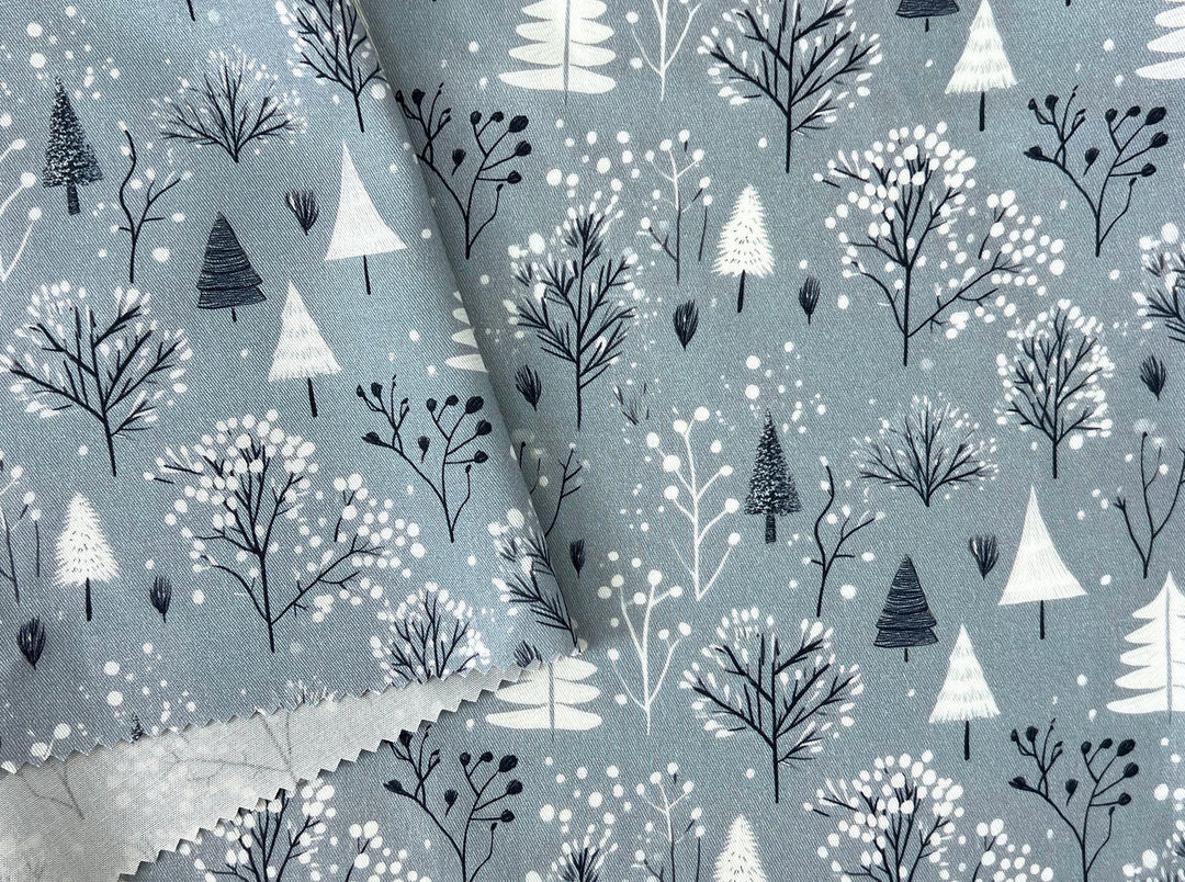 Scandinavian Winter Forest Print Rayon Wool Fabric – Light Twill Weave, Soft Pre-Washed