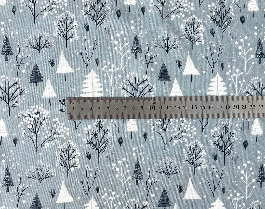 Scandinavian Winter Forest Print Rayon Wool Fabric – Light Twill Weave, Soft Pre-Washed