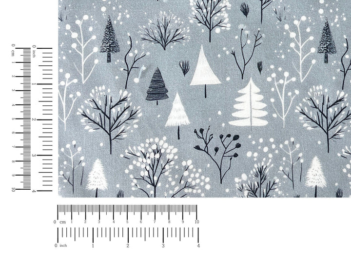 Scandinavian Winter Forest Print Rayon Wool Fabric – Light Twill Weave, Soft Pre-Washed