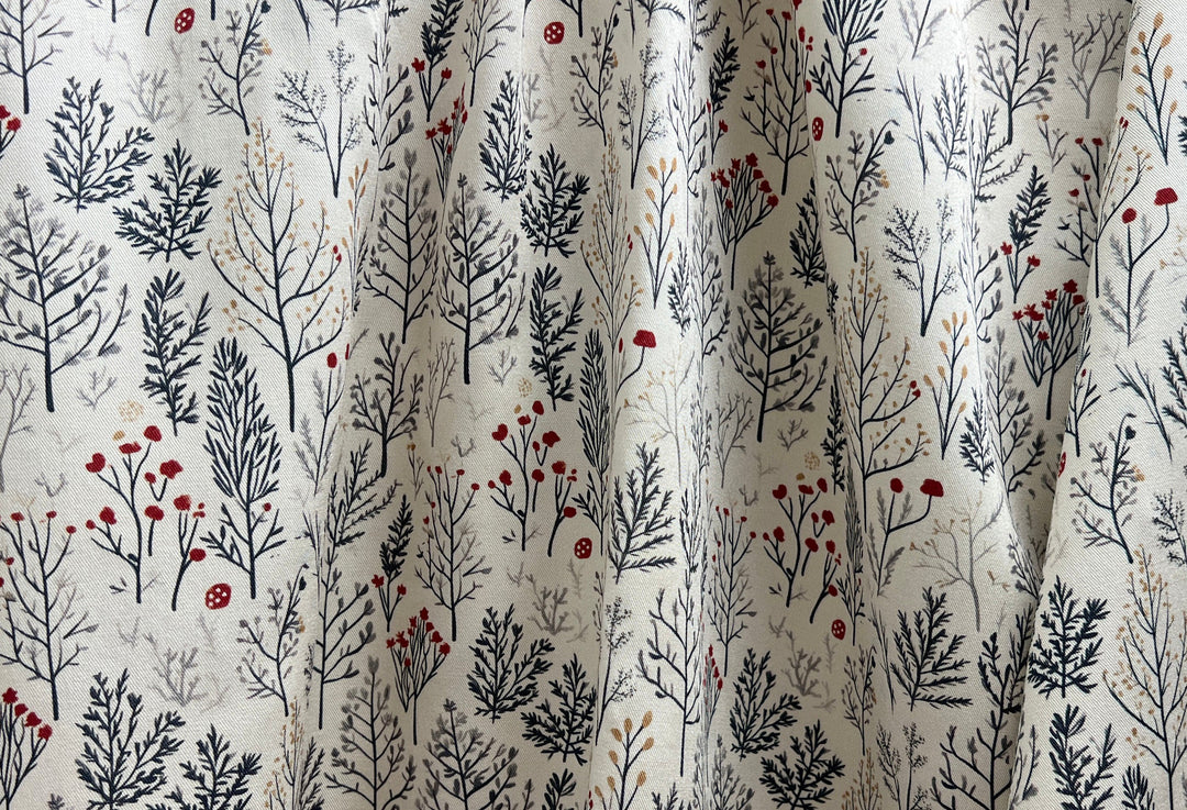 Scandinavian Winter Forest Print Rayon Wool Fabric – Light Twill Weave, Soft Pre-Washed