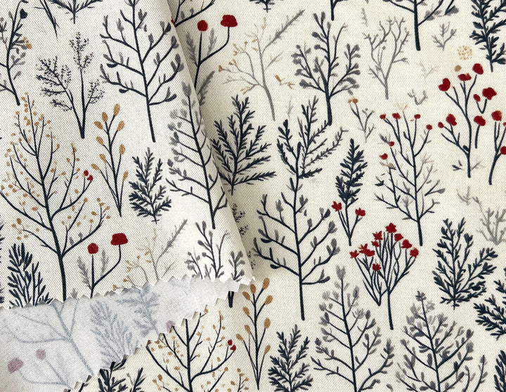 Scandinavian Winter Forest Print Rayon Wool Fabric – Light Twill Weave, Soft Pre-Washed