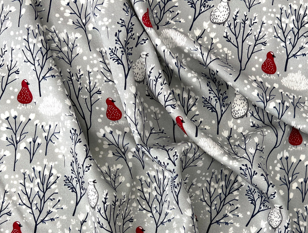 Scandinavian Winter Forest Print Rayon Wool Fabric – Light Twill Weave, Soft Pre-Washed