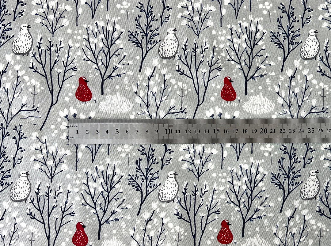 Scandinavian Winter Forest Print Rayon Wool Fabric – Light Twill Weave, Soft Pre-Washed