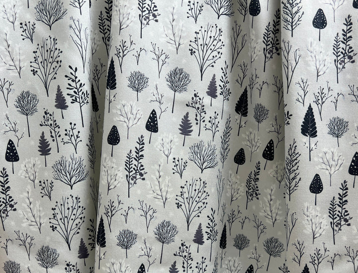 Scandinavian Winter Forest Print Rayon Wool Fabric – Light Twill Weave, Soft Pre-Washed