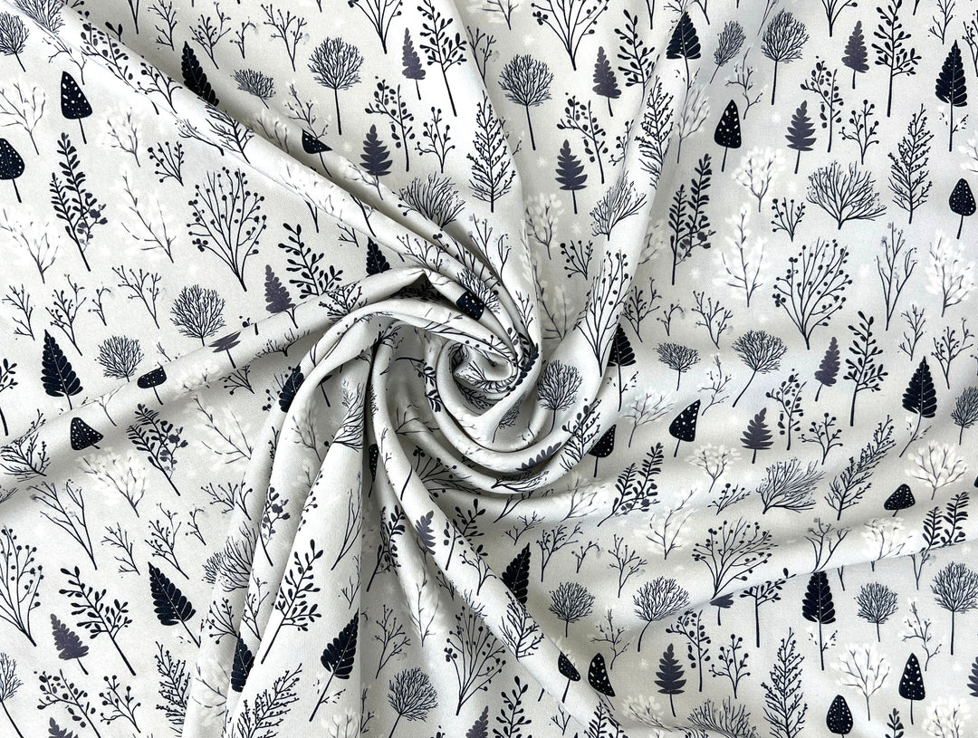 Scandinavian Winter Forest Print Rayon Wool Fabric – Light Twill Weave, Soft Pre-Washed