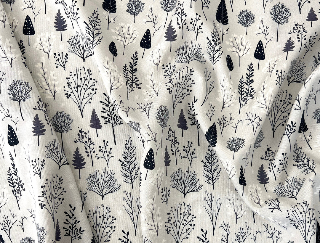 Scandinavian Winter Forest Print Rayon Wool Fabric – Light Twill Weave, Soft Pre-Washed