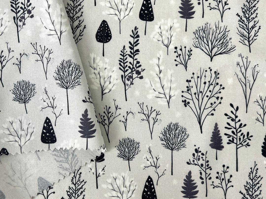 Scandinavian Winter Forest Print Rayon Wool Fabric – Light Twill Weave, Soft Pre-Washed