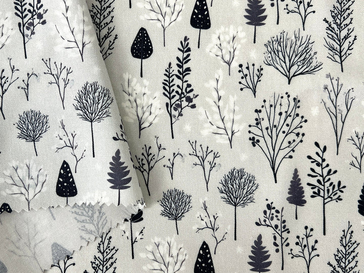 Scandinavian Winter Forest Print Rayon Wool Fabric – Light Twill Weave, Soft Pre-Washed