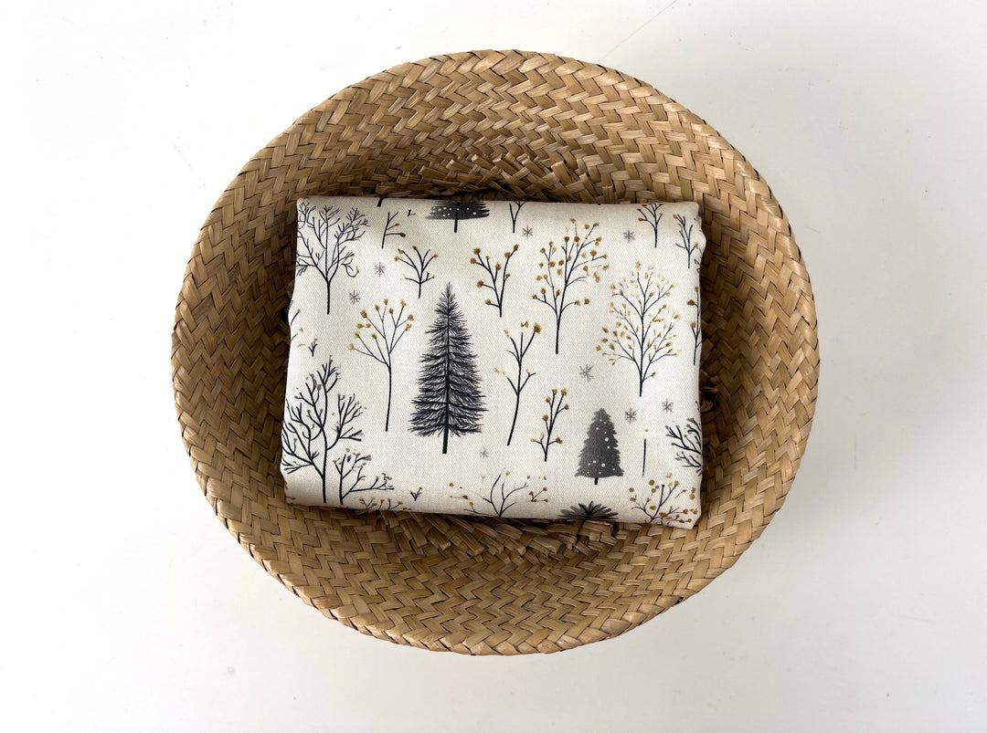 Scandinavian Winter Forest Print Rayon Wool Fabric – Light Twill Weave, Soft Pre-Washed