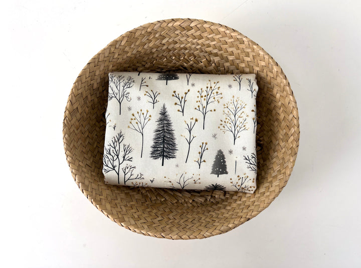 Scandinavian Winter Forest Print Rayon Wool Fabric – Light Twill Weave, Soft Pre-Washed