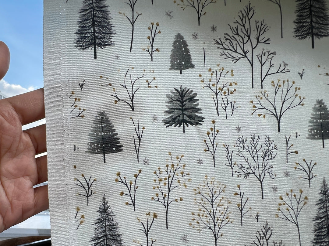Scandinavian Winter Forest Print Rayon Wool Fabric – Light Twill Weave, Soft Pre-Washed