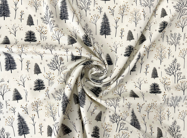 Scandinavian Winter Forest Print Rayon Wool Fabric – Light Twill Weave, Soft Pre-Washed