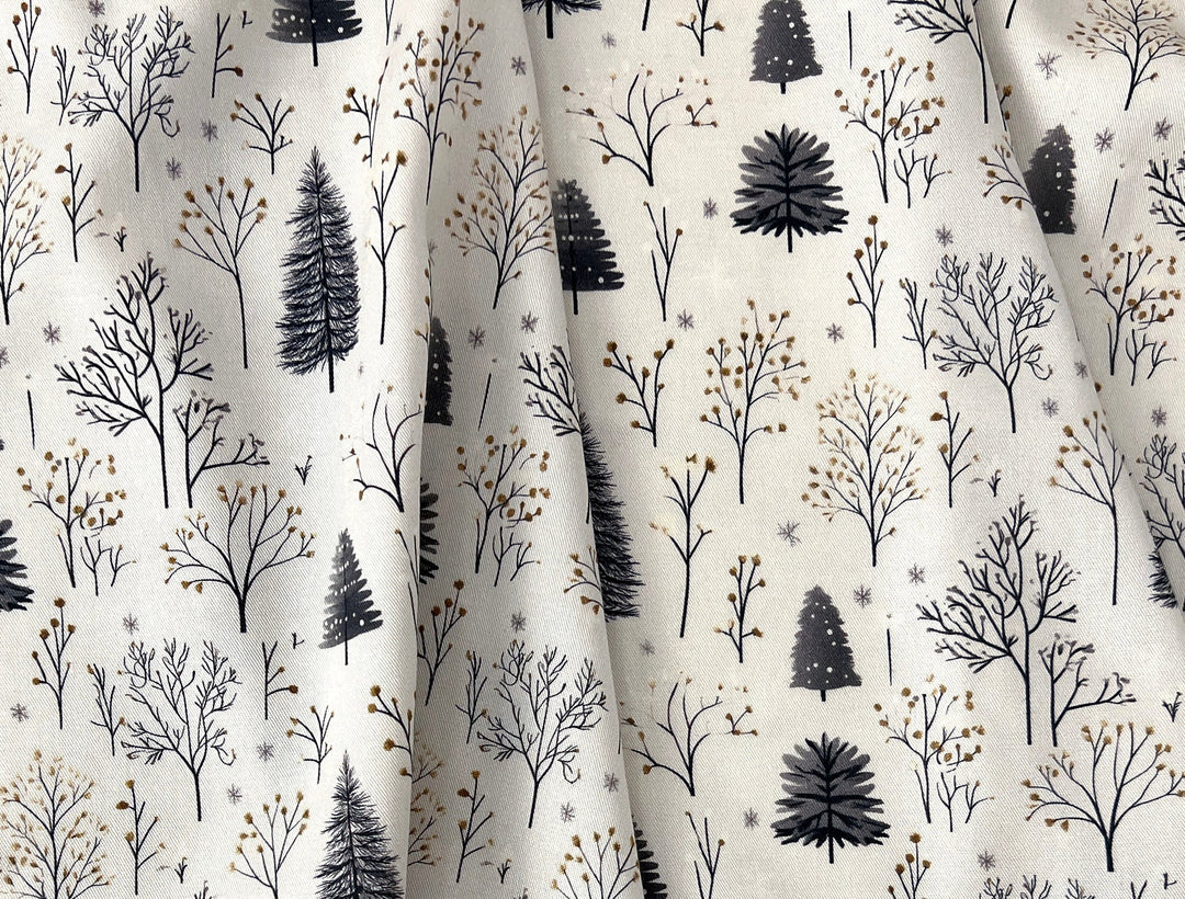 Scandinavian Winter Forest Print Rayon Wool Fabric – Light Twill Weave, Soft Pre-Washed