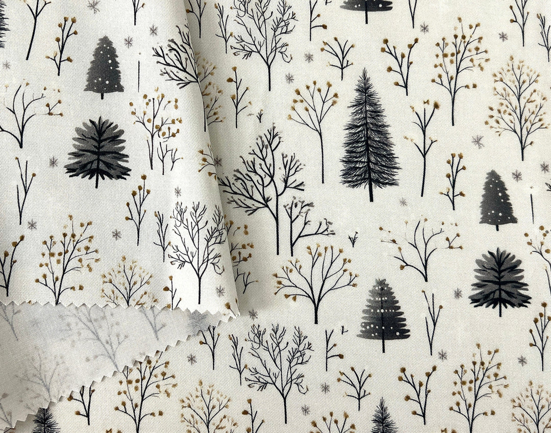 Scandinavian Winter Forest Print Rayon Wool Fabric – Light Twill Weave, Soft Pre-Washed