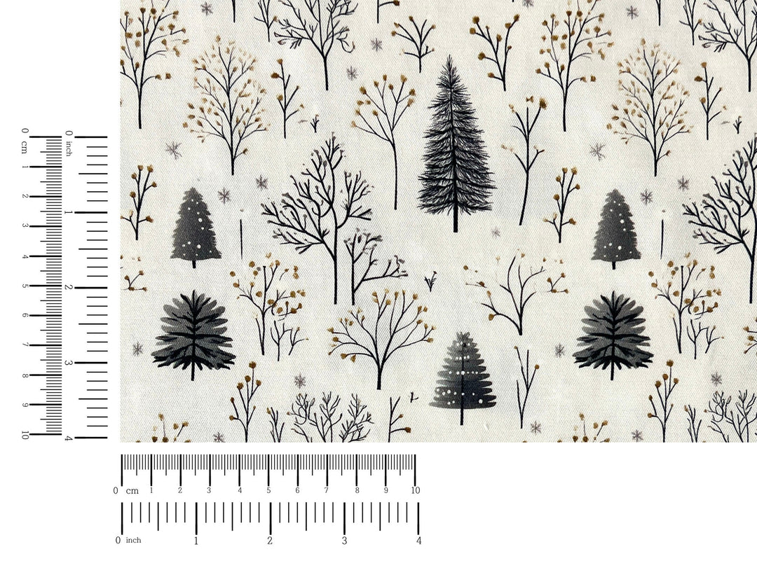 Scandinavian Winter Forest Print Rayon Wool Fabric – Light Twill Weave, Soft Pre-Washed