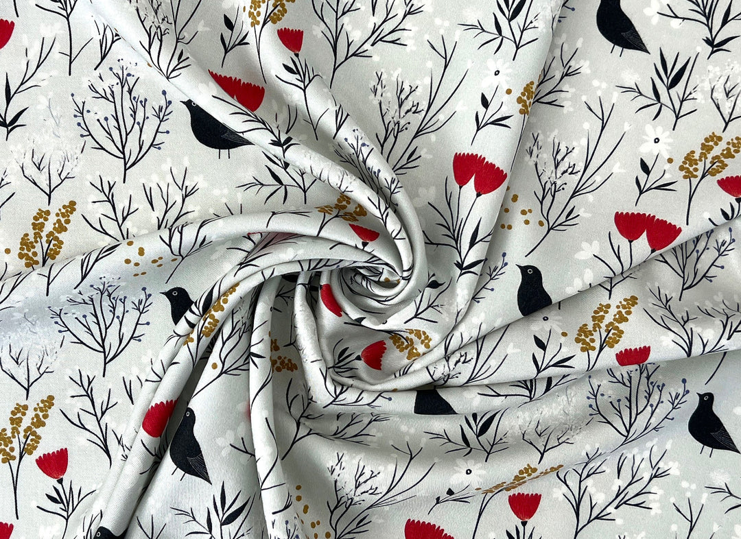 Scandinavian Winter Forest Print Rayon Wool Fabric – Light Twill Weave, Soft Pre-Washed