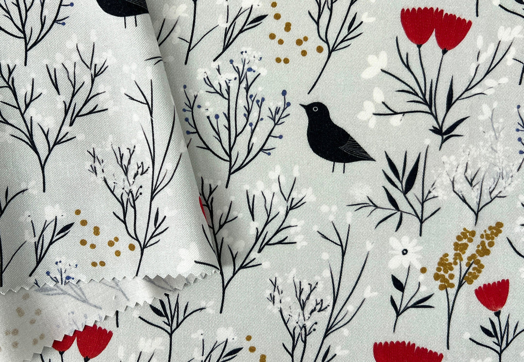 Scandinavian Winter Forest Print Rayon Wool Fabric – Light Twill Weave, Soft Pre-Washed