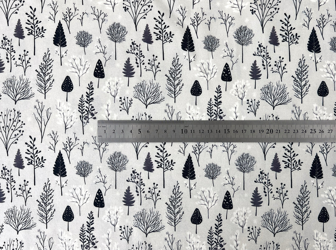 Scandinavian Winter Forest Print Rayon Wool Fabric – Light Twill Weave, Soft Pre-Washed