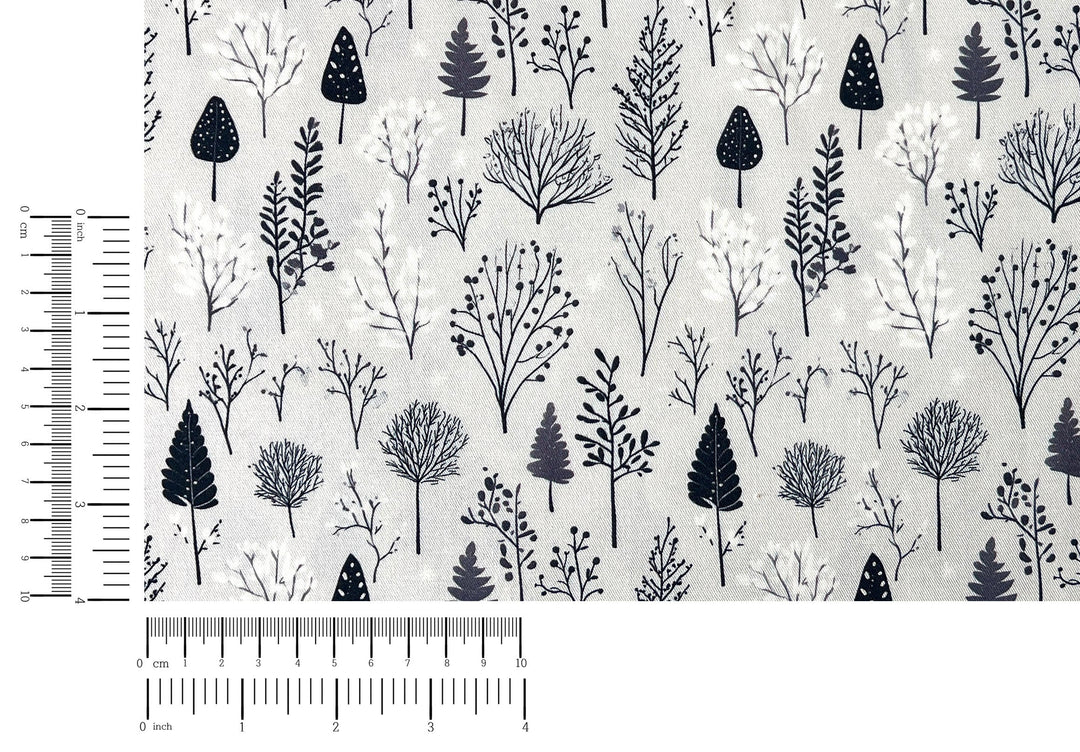 Scandinavian Winter Forest Print Rayon Wool Fabric – Light Twill Weave, Soft Pre-Washed