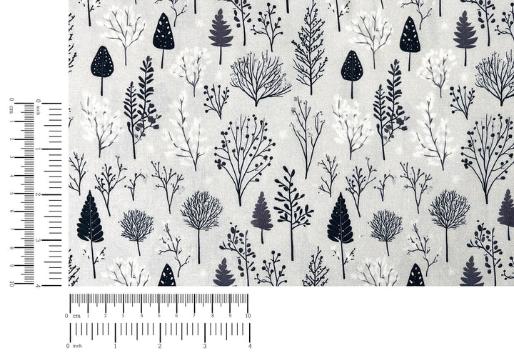 Scandinavian Winter Forest Print Rayon Wool Fabric – Light Twill Weave, Soft Pre-Washed