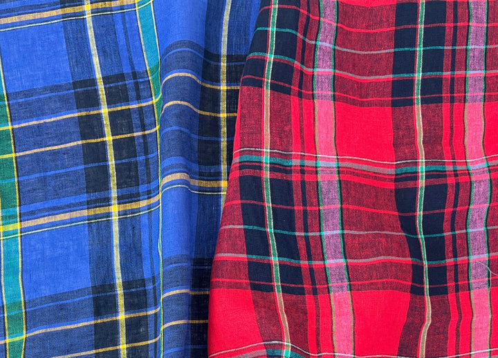 100% Linen Tartan Plaid Fabric – Light–Medium Weight with Soft Handfeel 7981 7982