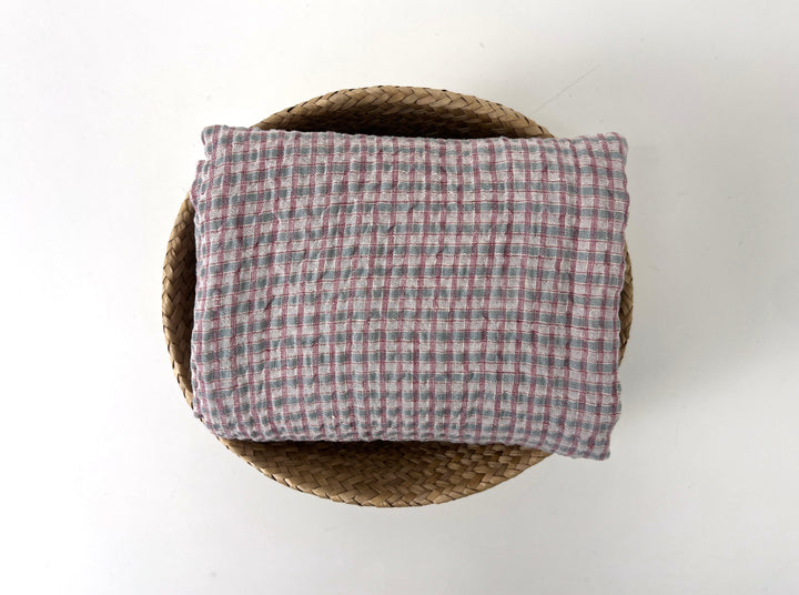 Linen Cotton Seersucker Fabric with Small Checks – Natural Stretch Texture 8217